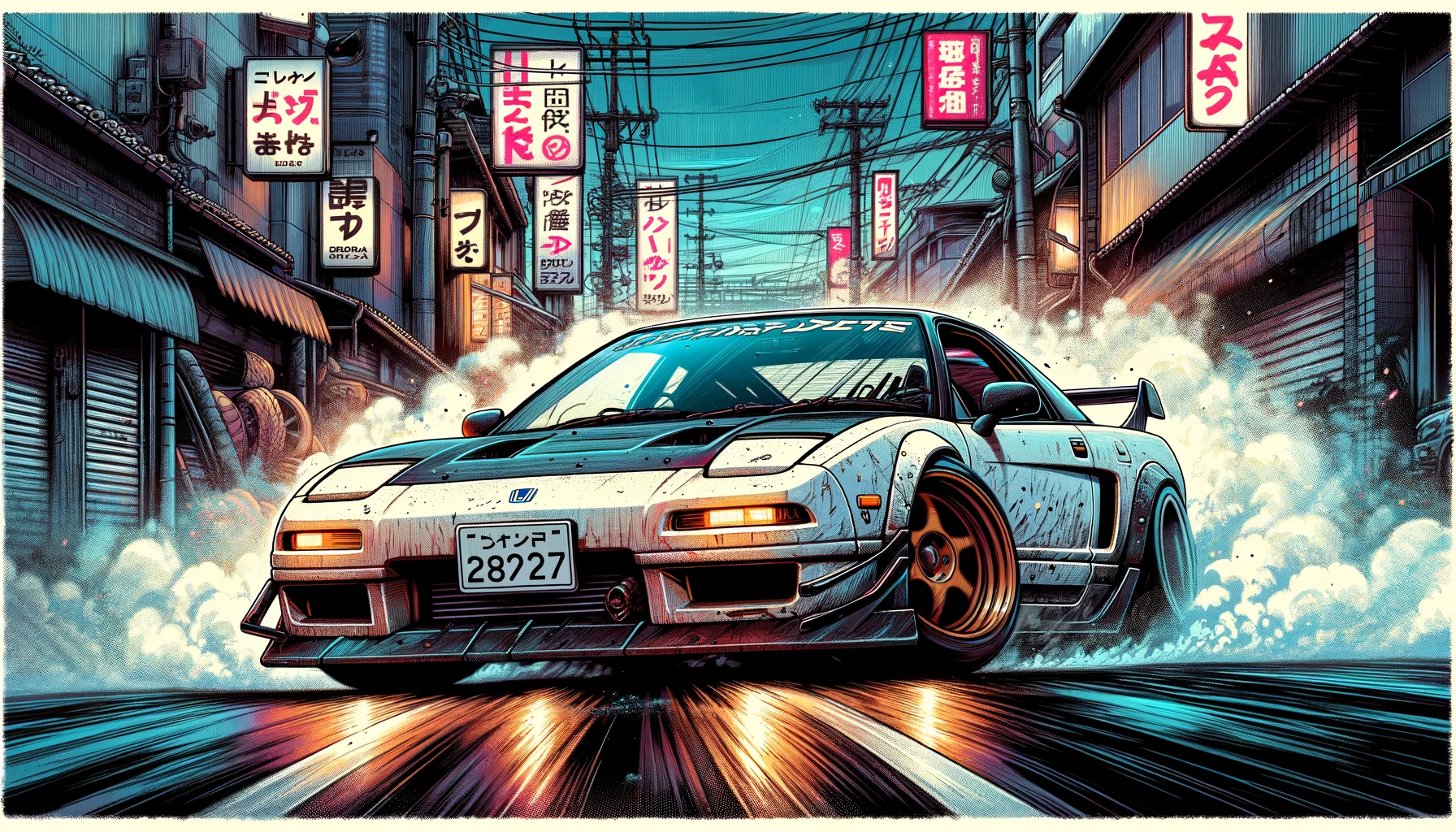 An illustrated Acura NSX Type S speeding down a city street in Japan.
