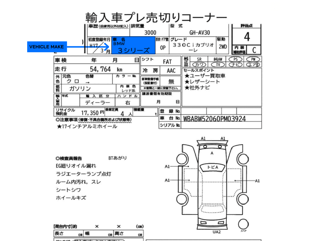 A JDM car auction sheet, featuring a highlighted section showing the vehicle make.