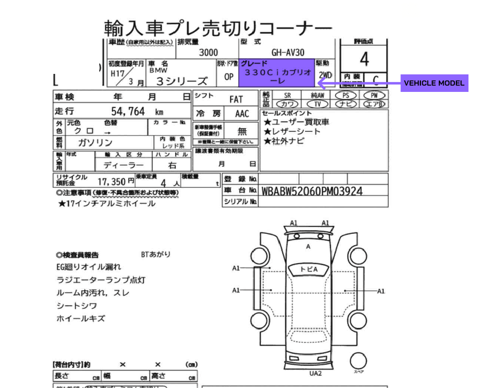 A JDM car auction sheet, featuring a highlighted section showing the vehicle model.