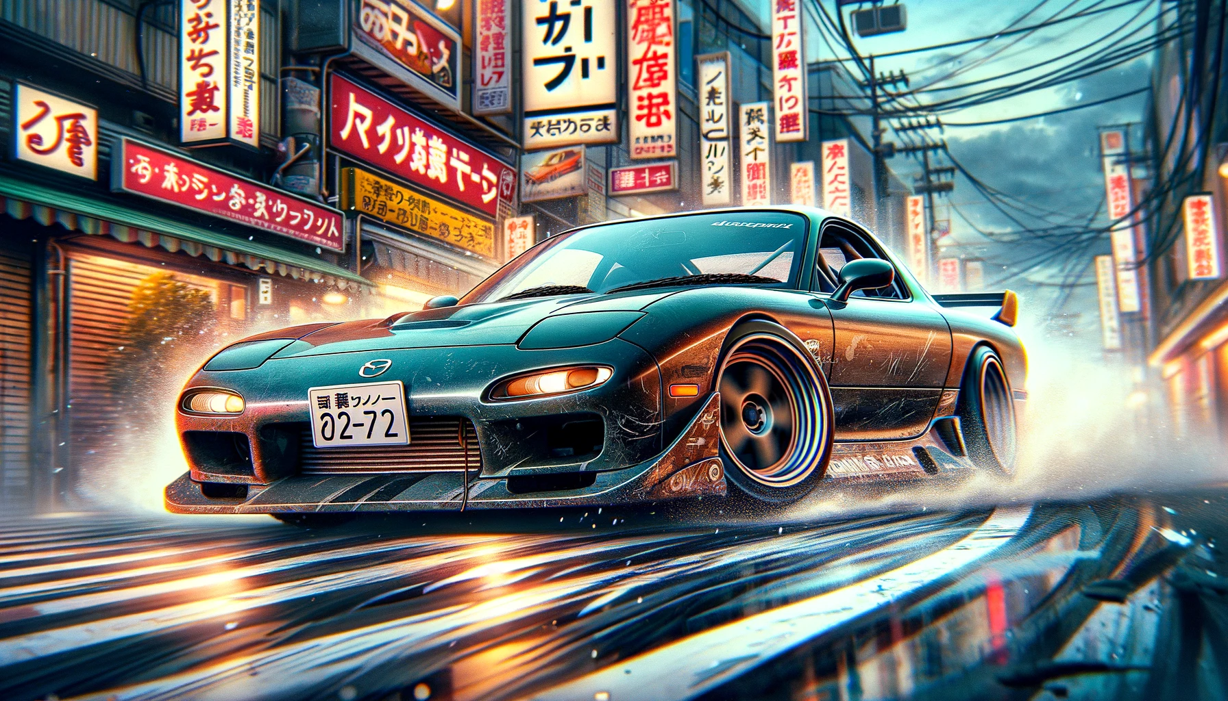 An illustrated Mazda RX-7 speeding down a city street in Japan.