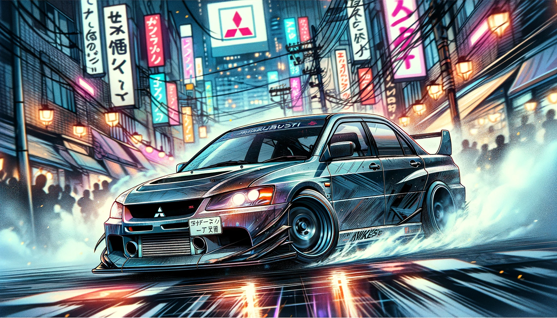 An illustrated Mitsubishi Lancer Evolution speeding down a road in Japan.