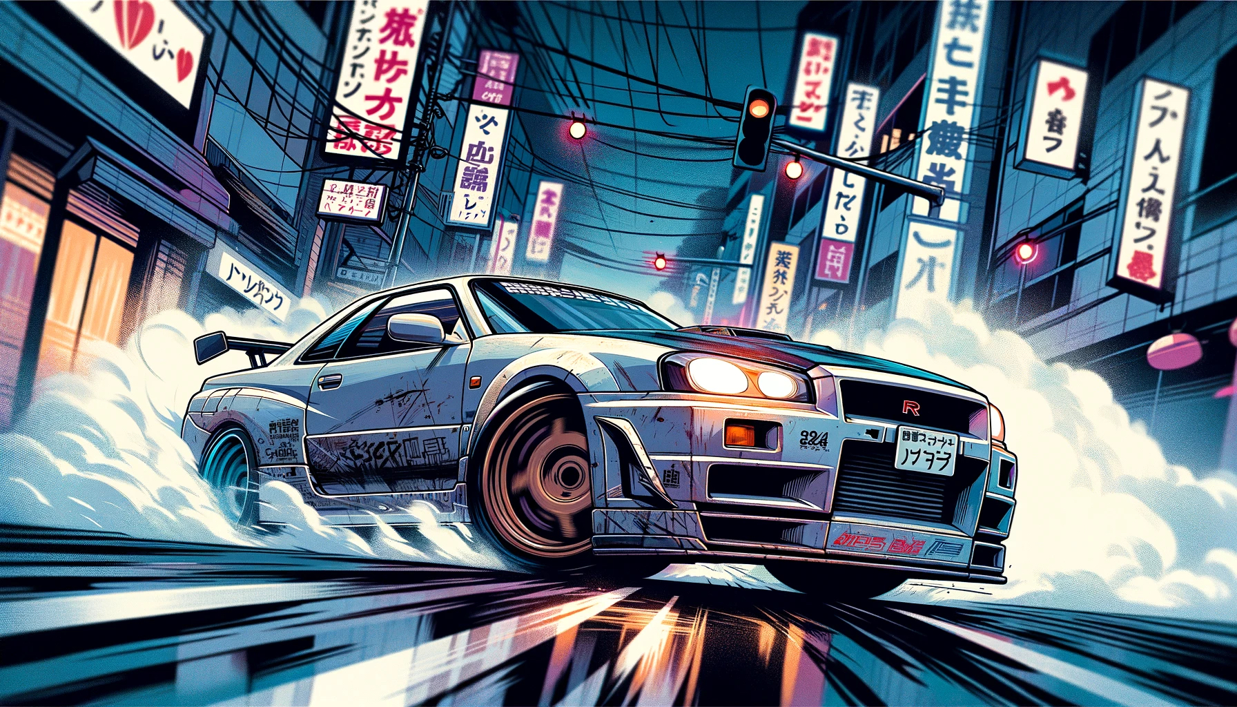 An illustrated Nissan Skyline GT-R (R34) speeding down a Japan street.