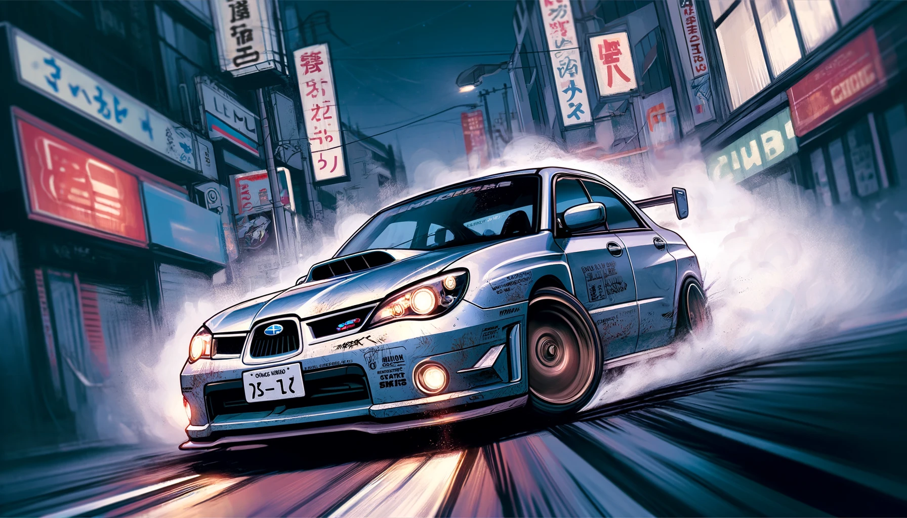 An illustrated Subaru WRX STI speeding down a city street in Japan.