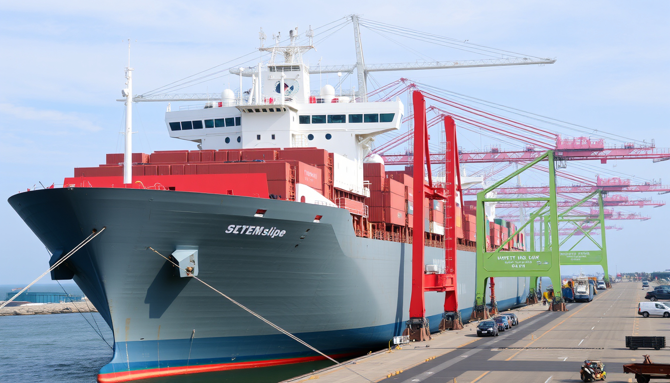 RORO cargo ship loading Japanese sports cars at port